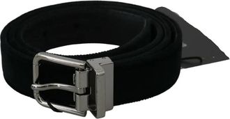 Dolce & Gabbana Womens Black Velvet Leather Silver Buckle Belt Outer