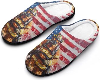 Generic Firefighter Fireman U.S. Flag Womens Cotton Slipper Comfortable Cozy Plush Slippers Anti-Skid Indoor House Closed Toe Shoes