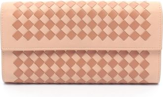 Bottega Veneta Intrecciato Brown Pink Leather Long Wallet (Bi-Fold) (Pre-Owned)