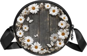 Generic Circle Crossbody Bag for Women, Wreath Wooden Board Small Sling Bag Daypack with Zipper Adjustable Shoulder Straps Casual Ladies Girls Round Purse