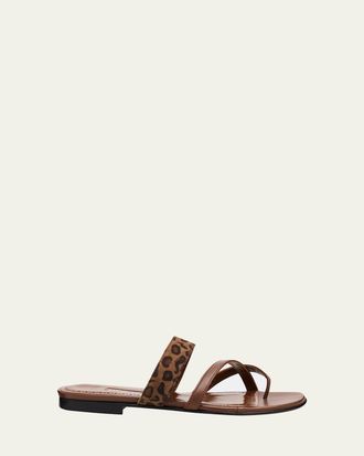 Manolo Blahnik Susa Leather and Leopard-Printed Suede Crisscross Flat Sandals