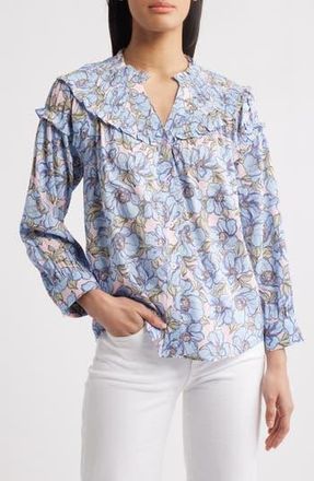 Wit & Wisdom Floral Print Smocked Yoke Button-Up Top in Rose Bloom/Blue Crush Multi at Nordstrom Rack, Size X-Large