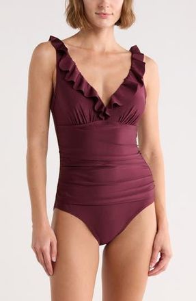 DKNY Ruffle V-Neck One-Piece Swimsuit in Cabernet Shimmer at Nordstrom Rack, Size X-Small