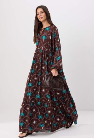 Trendyol Modest Dames Bruin Tropisch Maxi Lang A-lijn Modest Jurken