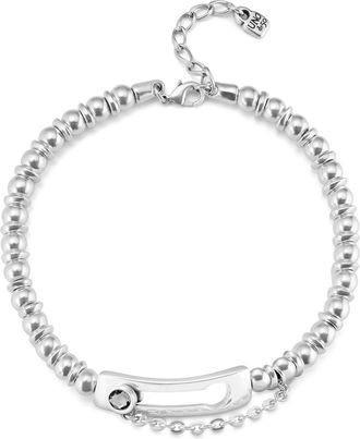 UNOde50 Sterling Silver Metal Alloy Necklace With Beads And Rectangular Link, Gray Faceted Crystal And Chain