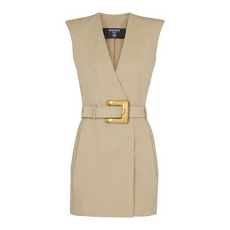 Balmain Abito corto in gabardine con cintura - - Dresses - Donna - Beige - XL