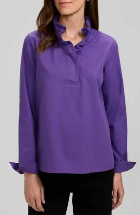 Foxcroft Tammy Ruffled Cotton Popover in Royal Purple at Nordstrom, Size X-Small