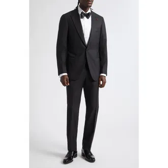 Isaia Sanita Super 160s Wool Peak Lapel Tuxedo in Black at Nordstrom, Size 54