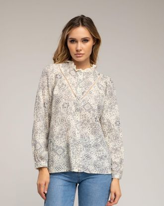Tantra Blouse met print, ajoursteek op de borst, een kraag met ruches en batist-details