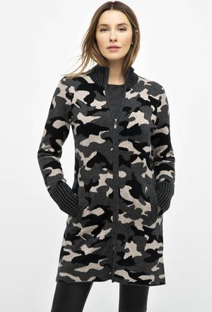 Kinross Cashmere Camo Zip Cardigan In Charcoal Multi