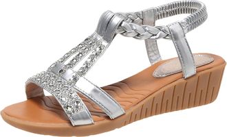 Generic 2026 Ladies Fashion Summer Bohemian Leather Knitted Open Toe Sandals (Silver, 5.5)