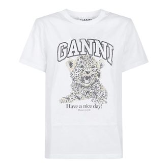 Ganni T-Shirts, female, White, Size: XS Basic Jersey Leopard Relaxed Tee