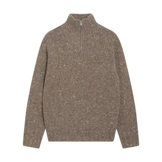 Auralee Low-Gauge Homespun Tweed Knit Zip Turtle - Heren - Truien - Bruin - Maat: XL Tweed