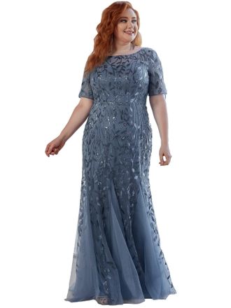 Ever-pretty Ever Pretty Womens Elegant O Neck Short Sleeve Floor Length Mermaid Embroidery with Sequin Plus Size Formal Evening Dresses Denim Blue 16UK