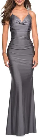 La Femme Form Fitting Jersey Dress with Ruching and Strappy Back in Gunmetal at Nordstrom, Size 00