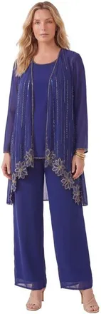 Roaman's Plus Size Long Sleeve Floral Beaded Georgette Three Piece Pant Set in Ultra Blue at Nordstrom, Size 26
