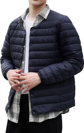 Generic Men Round Neck Packable Ultra Light Weight Short Down Jacket Mens Dress Coats Wool (Navy, L) for Men Stylish Winter Overcoats Overcoats