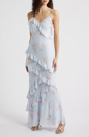 LoveShackFancy Rialto Floral Ruffle Dress in Blue Roan at Nordstrom, Size 12