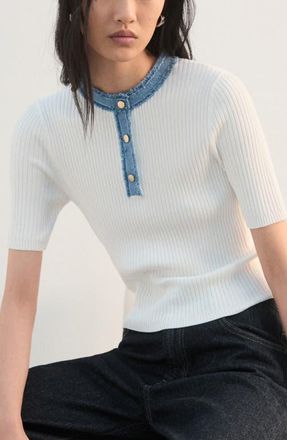 Mango Contrast Collar Half Button Short Sleeve Sweater in Off White at Nordstrom, Size Large