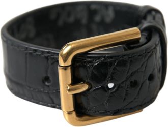 Dolce & Gabbana Zwart Gestructureerd Leer Gouden Metaalgesp Armband