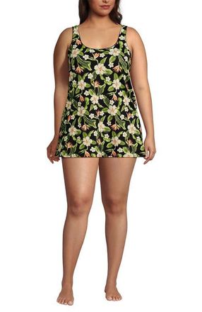 Lands End Scoop Neck Mini Swim Dress One Piece Swimsuit in Hibiscus Floral/black at Nordstrom, Size X-Small