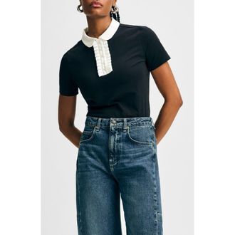 Isaac Mizrahi New York Cotton Ruffle Placket Polo in Black/White at Nordstrom Rack, Size Xx-Large