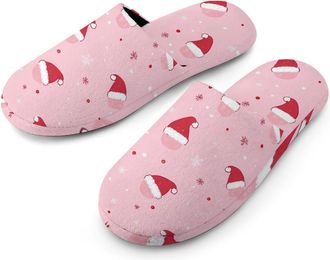 Generic Christmas Hat Pattern Mens Slippers Flannel Warm House Shoes with Rubber Anti-Slip Sole Slip On for Home Outdoor