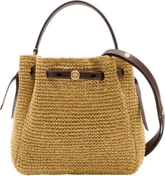 Tory Burch Romy Straw Bucket Bag - Dames - Schoudertassen - Beige - ONE Size - Leer - Tassen
