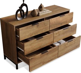 STILVORA C&oacute;moda Con 6 Cajones, Estructura De Metal, Estilo Industrial, Para Dormitorio, En Tablero Aglomerado, Roble Oscuro, 120&times;40&times;76 Cm