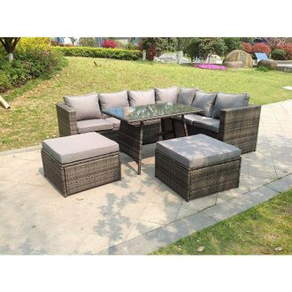 Fimous 8 Seater Grey Rattan Corner Sofa Set Dining Table 2 Big Footstool Garden Furniture Outdoor With Clear Tempered Glass