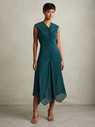 Reiss Womens Dark Green Mesh Ruched Midi Dress, Size: 14