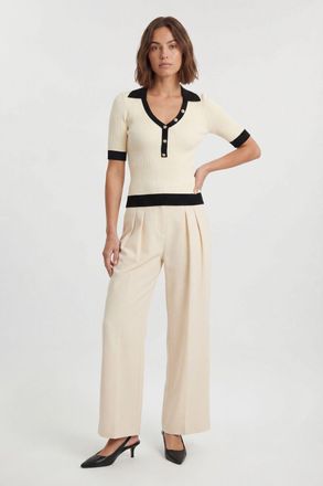 Karen Millen Womens Knit Rib With Contrast Hem Detail Collared Short Sleeve Top - White Polyamide - Size X-Small