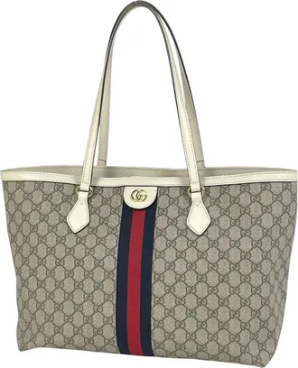 Gucci Beige White Coated Canvas Leather Tote Bag (Pre-Owned)