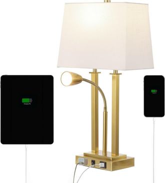 Jonathan Y Designs Blaire 23.75 2-Light Modern Farmhouse Metal LED Table Lamp with USB Charging port in Brass Gold at Nordstrom