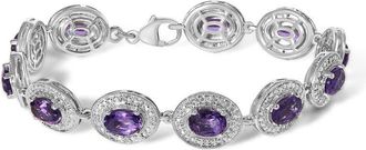 House of Brilliance Sterling Silver 5x7 MM Oval Purple Amethyst & Diamond Halo Link Bracelet