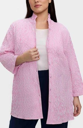 Foxcroft Carolina Stripe Crinkle Jacquard Button-Up Shirt in Pink/White at Nordstrom, Size 3 X