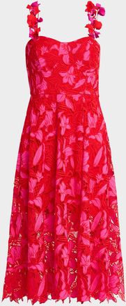 Neiman Marcus Applique-Embellished Sweetheart Lace Midi Dress