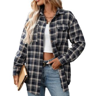 Generic Flannel Checked Shirts Womens Classic Long Sleeve Plaid Shirt Blouse V Neck Button Down Ladies Regular-Fit Checked Shirt with Pocket Office Business W