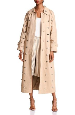 Avec Les Filles Statement Stud Cotton Maxi Trench Coat in Khaki Studded at Nordstrom, Size Xx-Small
