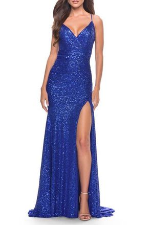 La Femme Long Sequin Gown with Dramatic Flare Skirt and Slit in Royal Blue at Nordstrom, Size 10