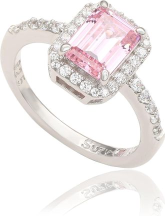 Suzy Levian Sterling Silver Emerald Cut Blue Sapphire & Diamond Accent Halo Ring