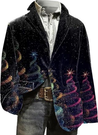 Generic Christmas Blazer for Men Corduroy Xmas Snowflake Santa Printed Regular Fit One Button Notched Lapel Sports Coats Plus Size Suit Jacket Lightweight Bla