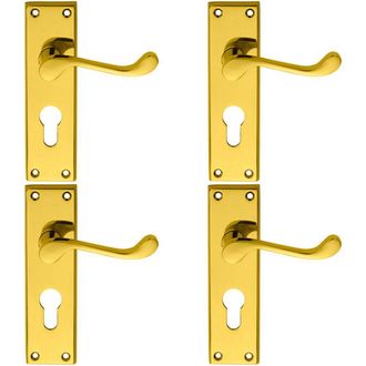 Loops 4x PAIR Victorian Scroll Lever on Euro Lock Backplate 150 x 43mm Polished Brass in Metallics