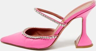 Amina Muaddi Pink Leather Crystal Embellished Gilda Mules