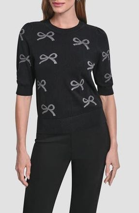 DKNY Sequin Bow Embellished Short Sleeve Cotton Blend Crewneck Sweater in Black at Nordstrom Rack, Size X-Large