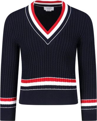 Thom Browne Navy Ribbed Cotton V-Neck Sweater