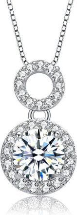 Rachel Glauber White Gold Plated with Clear Cubic Zirconia Solitaire Double Halo Drop Pendant Necklace