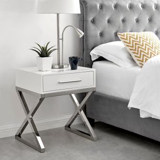 Furniturebox Oxford White High Gloss Contemporary Bedside Table With Single Drawer & Silver Chrome Legs