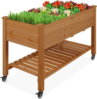 Best Choice Products Raised Garden Bed 48x23x32in Wood Mobile Elevated Planter w/ Wheel Locks, Shelf, Liner
