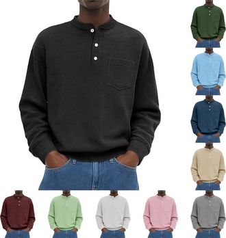 Generic Mens 3 Button Polo Sweatshirt Mens Henley T Shirt Long Sleeve Casual Collarless Grandad Shirt Vintage Golf Shirts Lightweight Button Down Shirts Regul